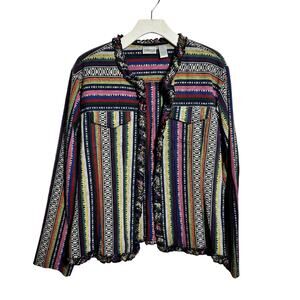 Chico's Boho Jacket Women XL Rainbow Embroidery Woven Open Front Pockets Ruffle